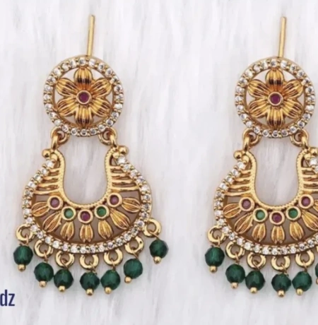 Traditional Gold-Plated Floral Chandbali Earrings with Green Beads