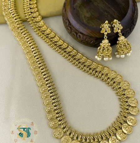 Matte Gold Plated Lakshmi Kasu Mala Haram Combo Set with Matching Pearl Drop Jhumka Earrings