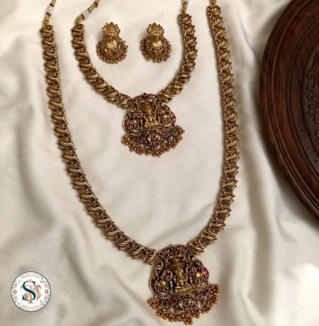 Antique Nakshi Goddess Lakshmi Temple Haram & Necklace Combo Set