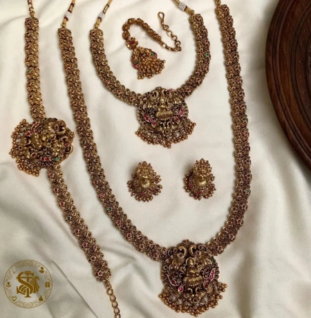 Matte Gold Finish Divine Lakshmi Temple Bridal Full Combo Set