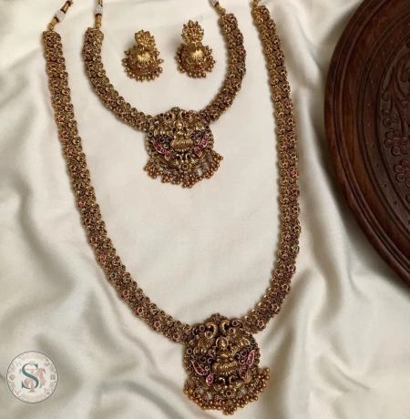 Traditional Matte Gold Finish Divine Lakshmi Temple Haram 3-Piece Combo Set