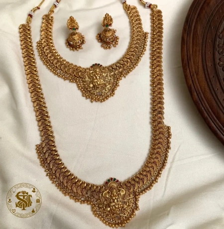 Antique Matte Gold Full Mango Haram & Choker Temple Jewellery Combo Set