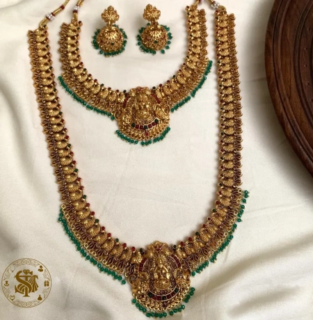 Antique Matte Gold Lakshmi Temple Haram & Choker Combo Set with Green Beaded Drops