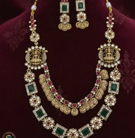 Antique Gold Plated Multi-Layered Lakshmi Temple Haram Necklace and Earring Set