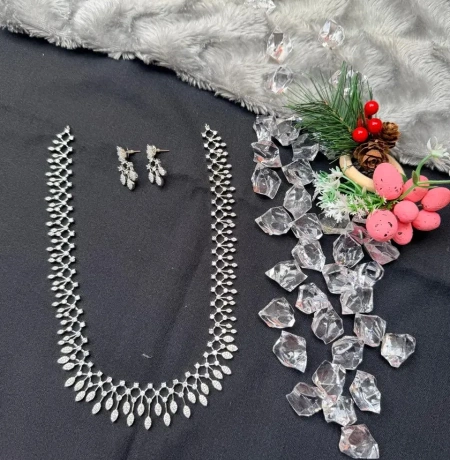Silver Plated American Diamond Marquise Lattice Necklace and Drop Earrings Set