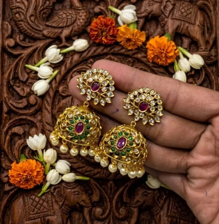 Temple Jhumka - Sapphire green Stone