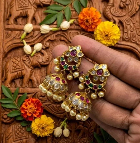Temple Jhumka - Pink Purple Stone