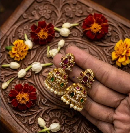 Temple Jhumka - Maroon Stone