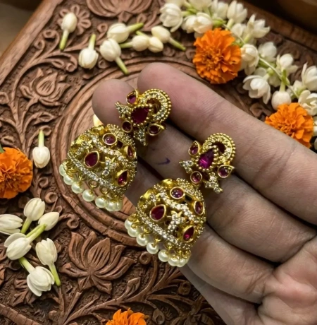 Temple Jhumka - White Pearl Stone
