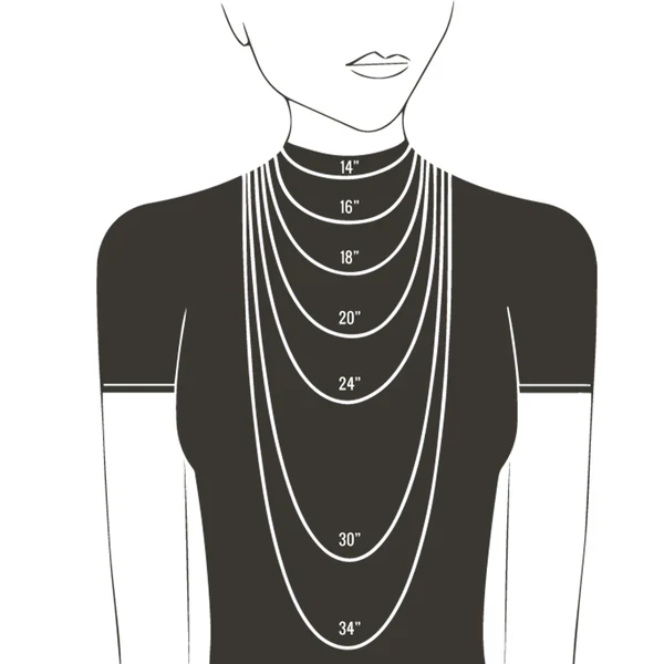 Necklace length guide showing 14 to 34 inch lengths on a silhouette